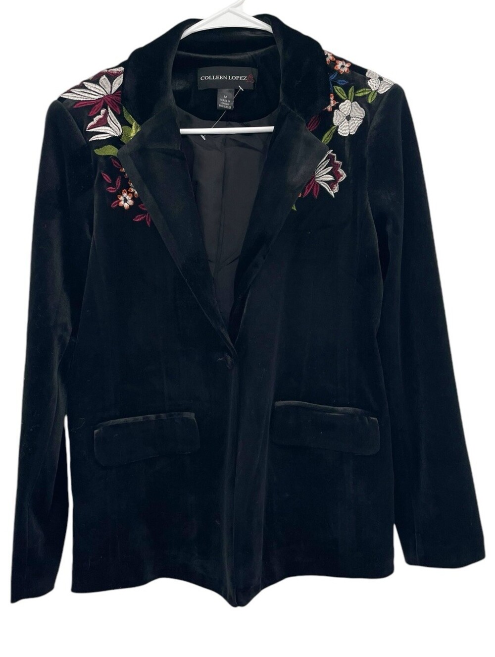 Colleen Lopez Velvet Floral Embroidered Blazer Jacket Size M One Button